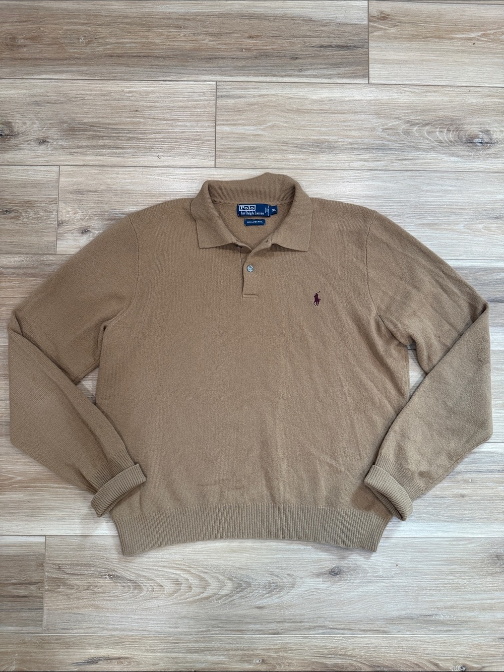 Polo Ralph Lauren Vintage Camel Long Sleeve Lambs Wool Polo Sweater